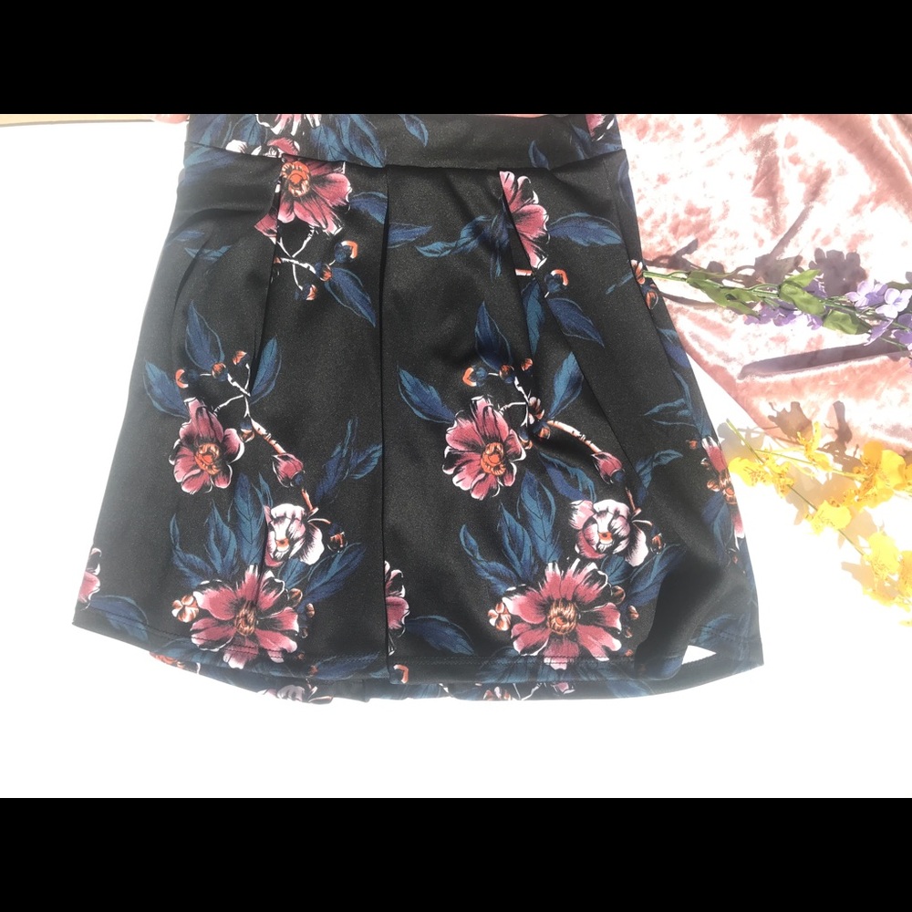 Black floral print skater skirt